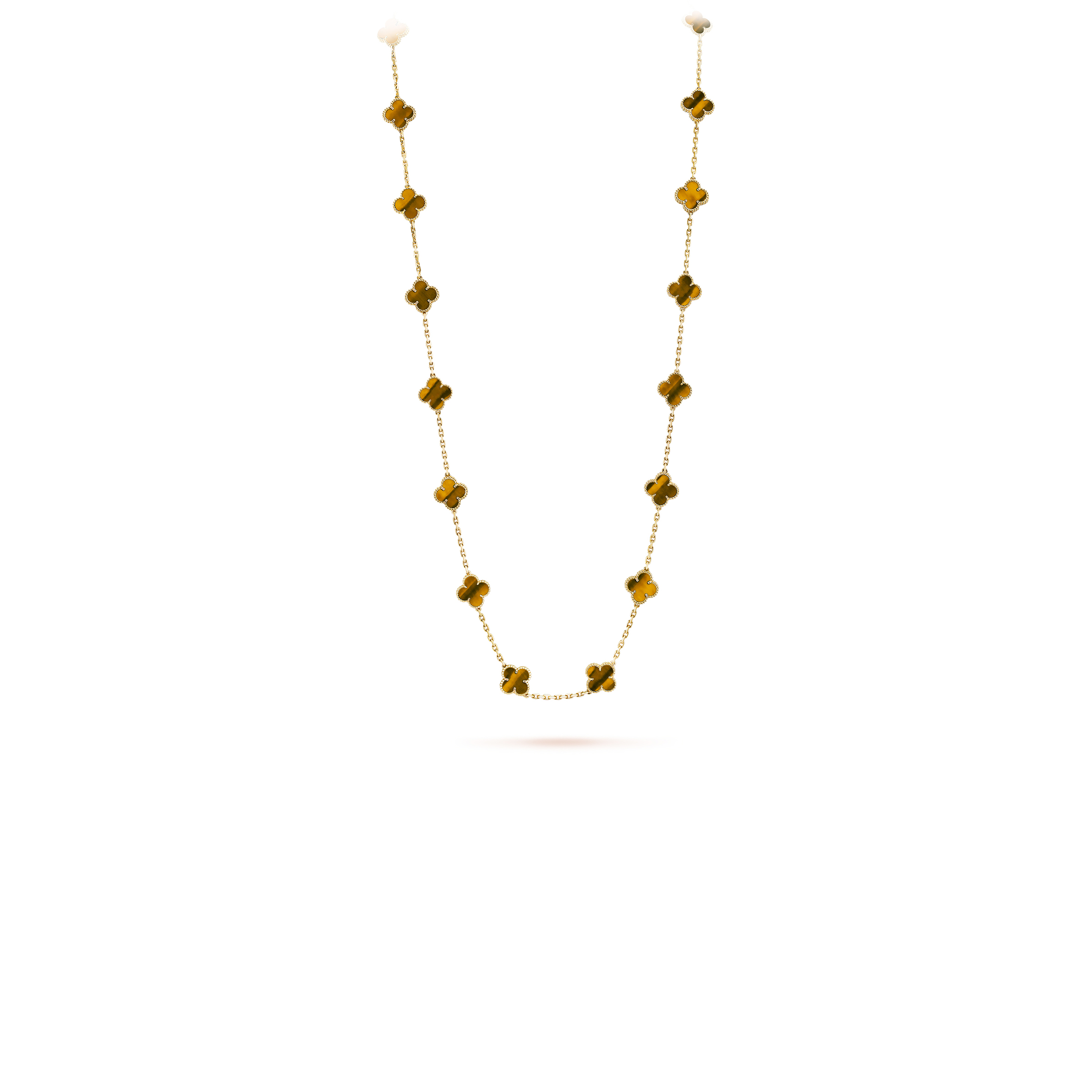 VAN CLEEF ARPELS VINTAGE ALHAMBRA LONG NECKLACE, 20 MOTIFS - YELLOW GOLD, TIGER EYE  VCARD39900